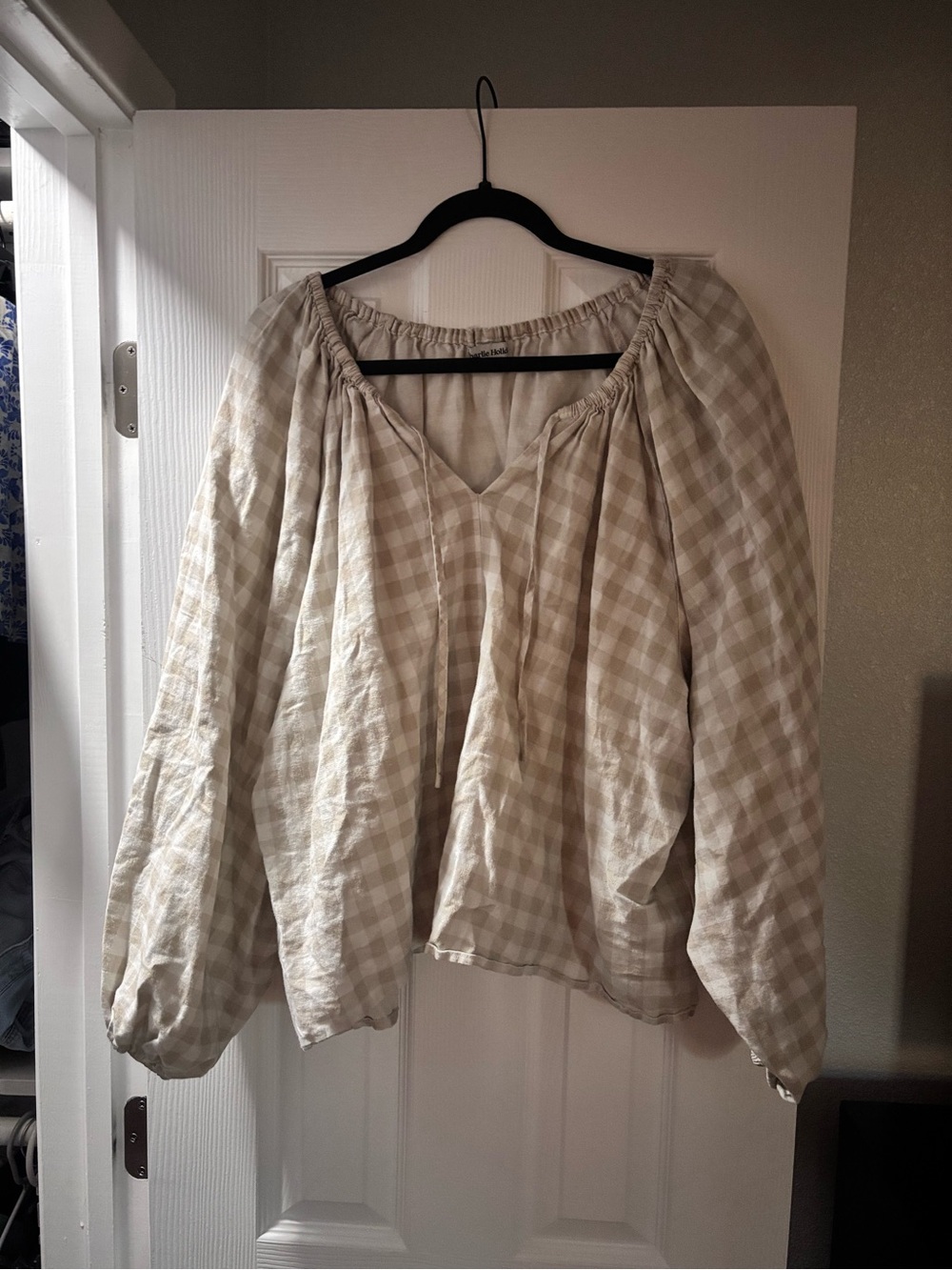 Charlie Holiday Beige Gingham Peasant Top